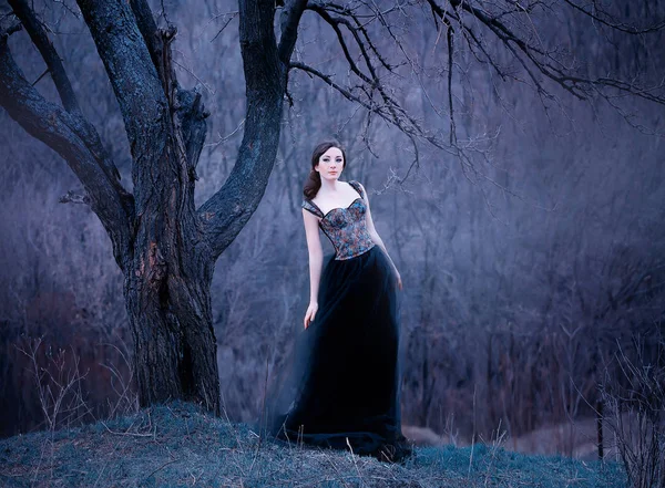 Linda morena atraente, senhora em um vestido preto longo com braços abertos nus e ombros, a menina sozinha na floresta fria de outono, o tempo em novembro é uma princesa escura na forma de corvo — Fotografia de Stock