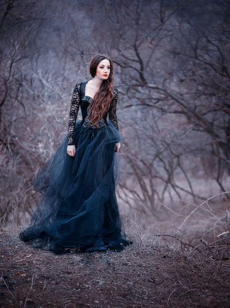 华丽迷人的黑发, 女士在一个长长的黑色礼服裸露张开的手臂和肩膀, 女孩独自在秋天的寒冷森林, 11月的天气是一个黑暗的公主在乌鸦的形式 — 图库照片
