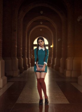 Bayan kısa mavi turkuaz elbise ve kırmızı yüksek golf ayakkabıları aşağı, uzun siyah kız terk edilmiş sessiz okul filmleri onun elinde bir kitapla gelen mütevazı çekici öğrenci, örgü