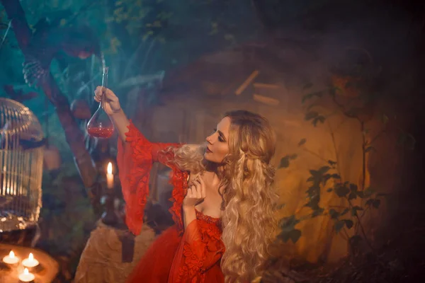 Hübsche junge Dame bereitet einen Trank, um ihren geliebten Freund zu verzaubern, Mädchen mit blonden lockigen Haaren in einem langen sexy roten Kleid mit langen Ärmeln, geheimnisvolle Waldfee der Liebe, die Tochter von Amor — Stockfoto