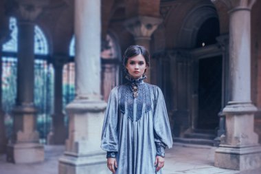 Kameraya bakarak bir gri kadife vintage elbiseli sıkı öğretmen. Overseer psikolojik kama kesinlikle modu. Sanat Fotoğrafçılık, depresif ruh hali. Arka plan Gotik mimarisinin sütunlarla