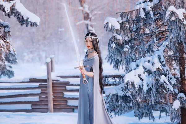 Protector on alert, fight of good and evil, magnificent courageous girl with dark long hair in gray warm cloak with glowing crystal sword, brave war goddess in cold winter white forest, snow queen — Stock Photo, Image