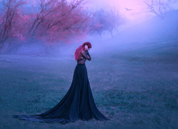 A sad lady in a black dress unhappy wanders in the fog. Background of autumn trees and hills. A lonely bird flies. A woman hugs her head in grief and cries. Pink hair. Art photo from the back no face