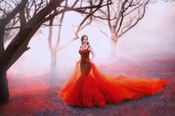 Queen in long red dress with magnificent lush train, woman walks alone through scarlet autumn forest, gold crown and necklace on light body, royal charm and majesty, sun rays make through bare trees.