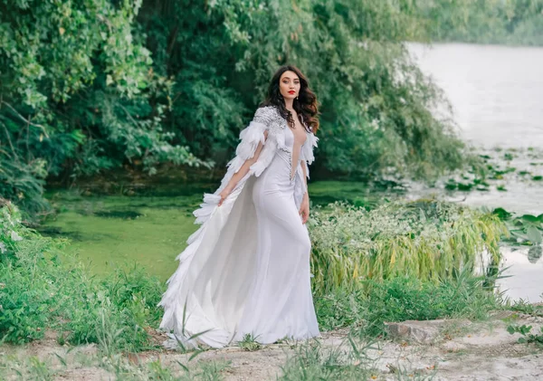 Bellissima regina. donna affascinante sposa passeggiate sul lago costiero. Abito da sposa bianco lungo abito sexy, mantello di lusso mantello uccello cigno piume. Bruna ragazza ondulata capelli sciolti. fondale estate natura verde alberi — Foto Stock