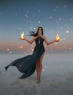 Ellerinde ateş tutan güzel kadın büyücü. Ateşli kolları olan sanat fotoğraflı fantezi modeli. Kız savaş büyücüsü yüzünü gizler. Çöl alacakaranlık kıvılcımları yanıyor. Elbise rüzgârda uçuşuyor