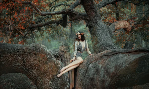 Young beautiful sad woman in the image of the Greek goddess sits on a autumn tree. Creative forest nymph costume, long dress, gold wreath on her head, long hair. Sexy bare legs. Fashion model posing — Stock Photo, Image