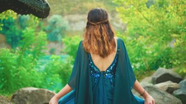 Ejderha evcil hayvanıyla fantezi kadın, el ağızlığa dokunur antik hayvan. Mavi elbiseli bayan kraliçe seksi sırt. Rüzgarda uçan eski tarz sinek. Peri masalı prensesi, kızıl saçlı, dikiz aynası. Yeşil Orman Yazı