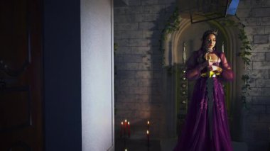 Silüet fantezi perisi kadın şeytani elf kraliçesi elinde kılıç, mor bir elbise tutuyor. Seksi cadı elf kızı. Silahlı Gotik savaşçı prenses, altın taç. Eski tarz gece odası Cadılar Bayramı tatili