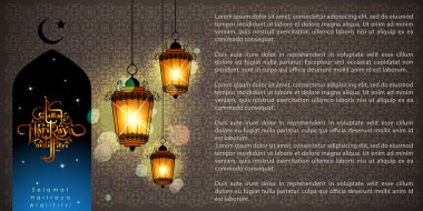 Aidilfitri grafik tasarım. 'Selama t Hari Raya Aidilfitri' gerçekten bayram Eid al-Bayramı ile ışıklı lamba anlamına gelir. Vektör çizim, Eps 10.