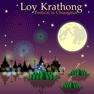 Abstract of Loy-Krathong Festival banner template background. Celebration of Thailand Culture for the worship of The Lord Buddha in The Super Fullmoon Night. Vector and illustration, eps 10.