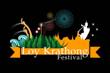 Loy-Krathong Festivali afiş şablonu şablonu. Süper Dolunay Gecesi 'nde Lord Buddha' ya tapındıkları için Tayland Kültürü 'nün kutlanması. Vektör ve illüstrasyon, 10 EUR.