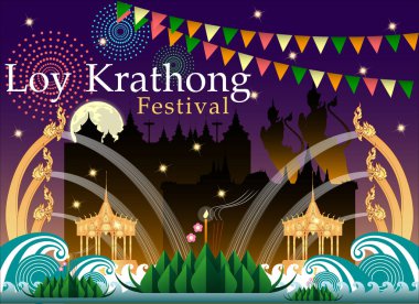 Loy-Krathong Festivali afiş şablonu şablonu. Süper Dolunay Gecesi 'nde Lord Buddha' ya tapındıkları için Tayland Kültürü 'nün kutlanması. Vektör ve illüstrasyon, 10 EUR.