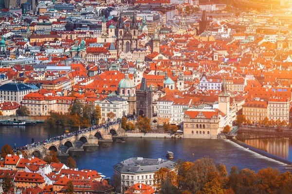 Autumn Aerial View Houses Roofs Prague Old City Town Including — Stock Photo, Image