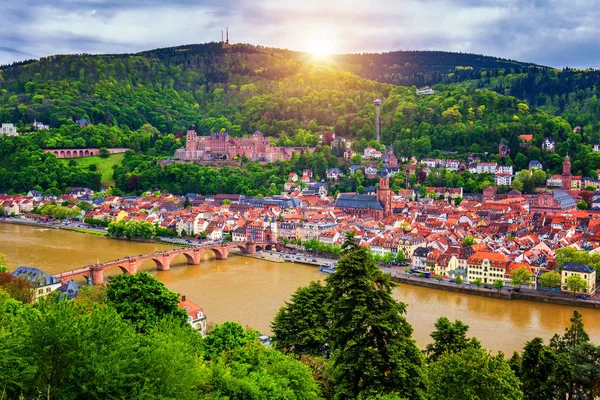 Panoramautsikt Över Vackra Medeltida Staden Heidelberg Inklusive Carl Theodor Old — Stockfoto
