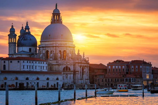 Venedik'te günbatımı. Santa Maria della Salute Basilica içinde belgili tanımlık geçmiş ile Venedik, büyük kanal görüntüsü. Venedik Avrupa'nın popüler bir turistik yer. Venedik, İtalya.