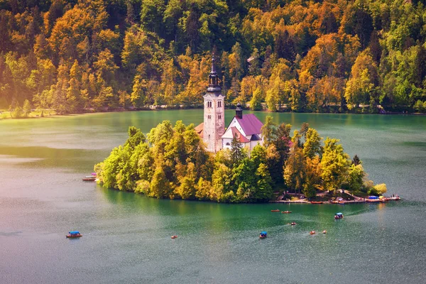 Vue Automne Sur Lac Bled Avec Église Pèlerinage Assomption Marie — Photo