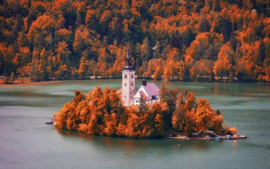 Bled Gölü hac kilise Maria varsayımı ile sonbahar görünümü. Görünüm Bled, Slovenya, Europe top. Sonbahar Lake Bled. Lake Bled sonbahar sırasında küçük Bled ada. Bled, Slovenya.