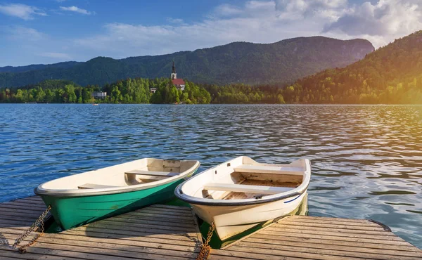 Iconische Bled Landschap Boten Het Meer Van Bled Slovenië Europa — Stockfoto