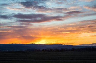 Doğal Günbatımı Saha ya da Meadow 'da. Parlak Dramatik Gökyüzü ve Karanlık Yer. Sunset Dawn Sunrise 'da Renkli Gökyüzü Altında Kırsal Manzara. Sun Over Skyline, Horizon. Sıcak Renkler.