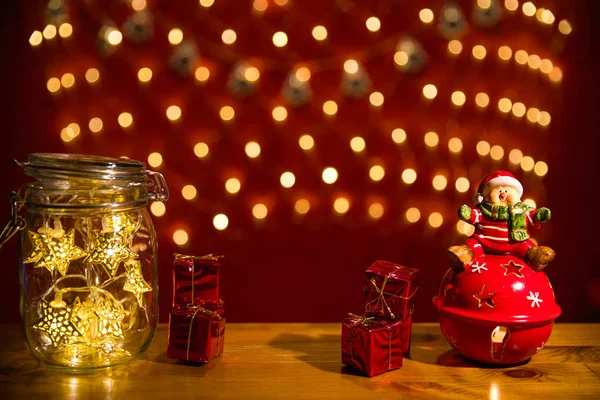 Karácsonyi Égősor Egy Befőttesüvegbe Látszani Sötétben Fehér Fények Befőttesüvegbe Szelektív — Stock Fotó