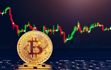 Bitcoin altın sikke ve ufuk grafik arka planı. Sanal cryptocurrency kavramı. Bitcoins merdiven grafik cryptocurrency kavramı üzerinde. Bitcoin para blockchain kavramı ile.