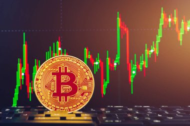 Bitcoin altın sikke ve ufuk grafik arka planı. Sanal cryptocurrency kavramı. Bitcoins merdiven grafik cryptocurrency kavramı üzerinde. Bitcoin para blockchain kavramı ile.