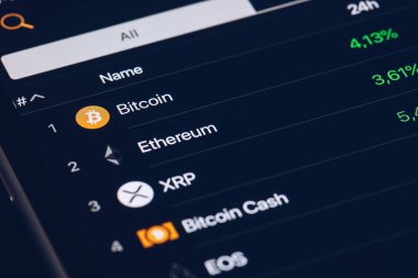 Kripto para pazar kavramı. Banka piyasa ve sanal para birimi değeri grafik. Menkul Kıymetler Borsası en çok satan kripto sikkelerinde istatistikleri karşılaştırma. Kullanım Bitcoin, Eth, dalgalanma, Bitcoin nakit için.