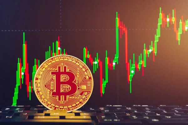 Bitcoin Goldmünze Und Defokussierter Chart Hintergrund Konzept Der Virtuellen Kryptowährung — Stockfoto