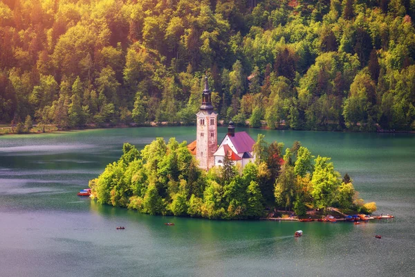 Lac Bled Avec Église Marys Assomption Sur Une Petite Île — Photo