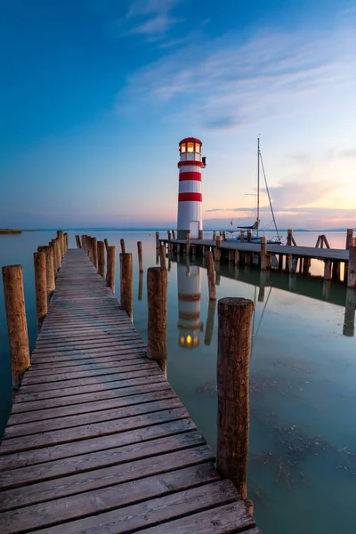 Phare Lac Neusiedl Coucher Soleil Près Podersdorf Burgenland Autriche — Photo