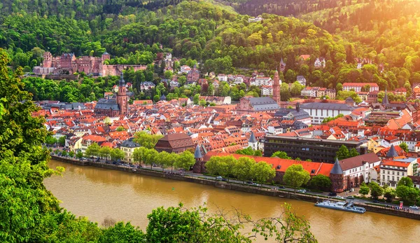 Heidelberg Centrum Med Den Berömda Gamla Bron Och Heidelberg Castle — Stockfoto