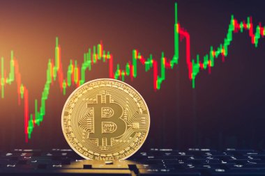 Bitcoin altın sikke ve ufuk grafik arka planı. Sanal cryptocurrency kavramı. Bitcoins merdiven grafik cryptocurrency kavramı üzerinde. Bitcoin para blockchain kavramı ile.