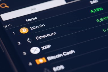 Kripto para pazar kavramı. Banka piyasa ve sanal para birimi değeri grafik. Menkul Kıymetler Borsası en çok satan kripto sikkelerinde istatistikleri karşılaştırma. Kullanım Bitcoin, Eth, dalgalanma, Bitcoin nakit için.