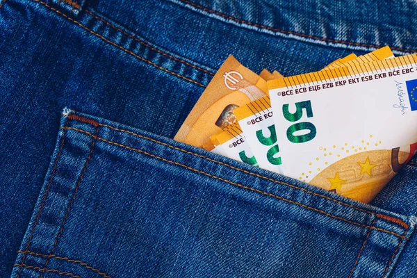 Kot Pantolon Cebinde Avro Faturaları Kotun Arka Cebindeki Euro Banknotları — Stok fotoğraf