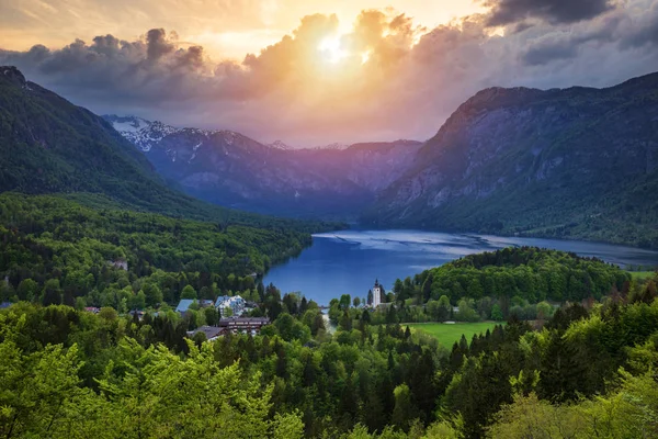 Luchtfoto Van Het Bohinj Meer Julische Alpen Adembenemend Uitzicht Beroemde — Stockfoto