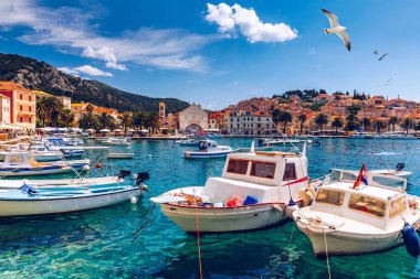 Balıkçı tekneleri önünde kasaba Hvar, Hırvatistan ile muhteşem adalar, görüntüleyin. Liman kentinin eski Adriyatik Adası Hvar martı ile şehrin üzerinde uçuyor. Şaşırtıcı Hvar city Hvar Adası, Hırvatistan. 