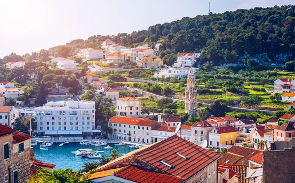 Vista Panorâmica Cidade Hvar Com Muitos Telhados Vermelhos Croácia Hvar — Fotografia de Stock