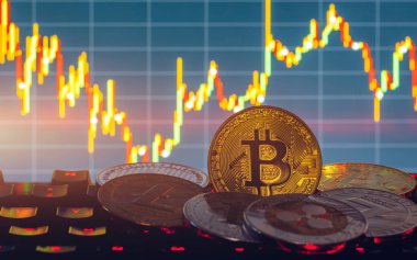 Bitcoin altın sikke ve ufuk grafik arka planı. Sanal Kripto