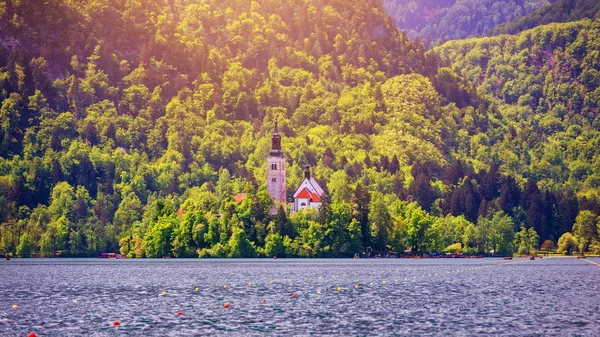 Lago Bled con la Iglesia de Santa María de la Asunción en la pequeña isla. B) — Foto de Stock