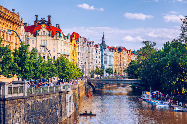 Scenic embankment in Prague city; Historical center of Prague, buildings and landmarks of old town, Prague, Czech Republic