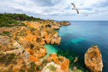 Alvor kasabasında altın renkli kayalar ile çarpıcı plaj görünümü , A