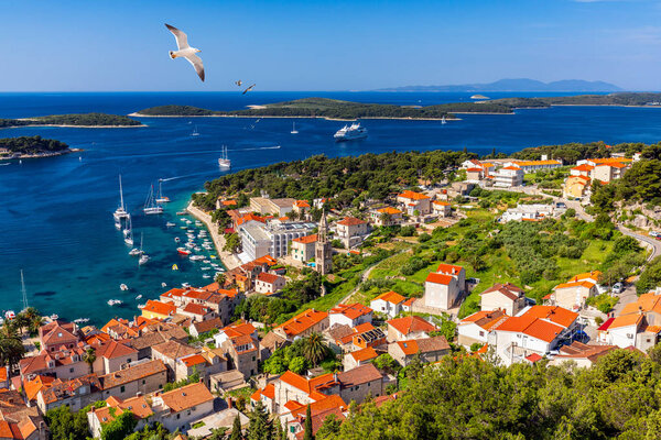 View at amazing archipelago in front of town Hvar, Croatia with 
