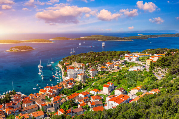 View at amazing archipelago in front of town Hvar, Croatia. Harb