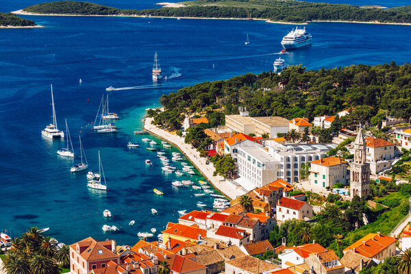 View at amazing archipelago with boats in front of town Hvar, Cr