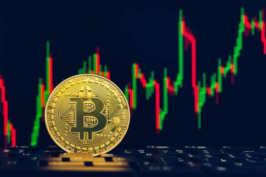 Bitcoin altın sikke ve ufuk grafik arka planı. Sanal Kripto