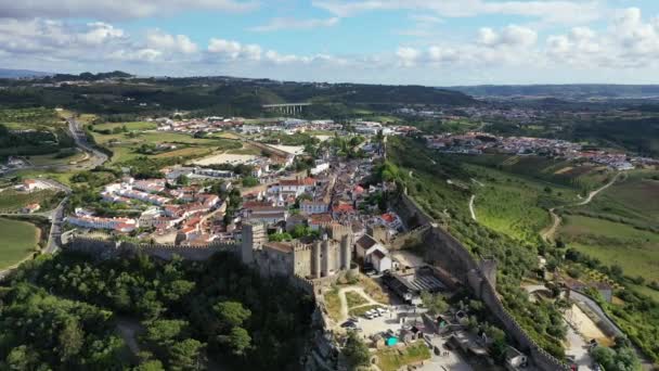 Flygfoto Över Den Historiska Muromgärdade Staden Obidos Vid Solnedgången Nära — Stockvideo