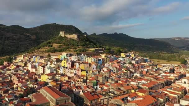 Aerial View Beautiful Village Bosa Colored Houses Medieval Castle Bosa — Stock Video