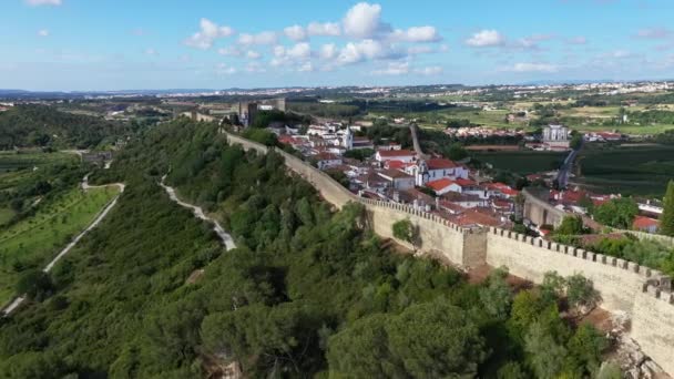 Vista Aérea Histórica Cidade Murada Óbidos Pôr Sol Perto Lisboa — Vídeo de Stock