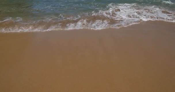 Blue Ocean Wave på sandstrand. Mjuk våg av blått hav på sandstrand. Bakgrund. Toppen utsikt över vackra stranden med lugn våg, hav och hav bakgrund, sommarsemester koncept. — Stockvideo